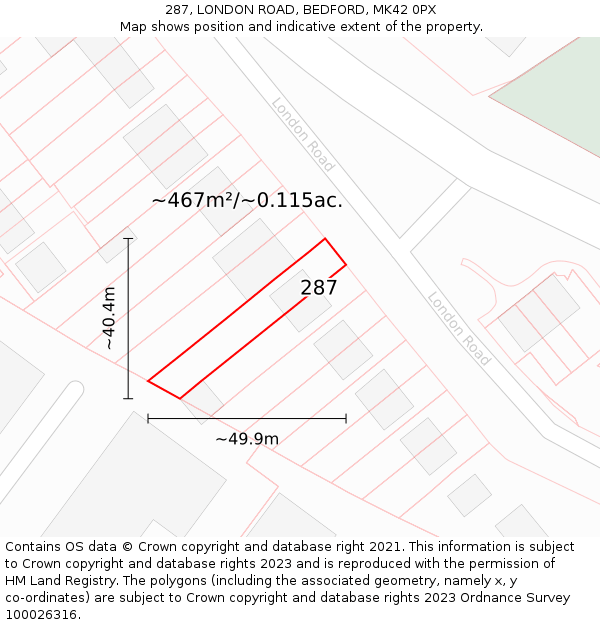 287, LONDON ROAD, BEDFORD, MK42 0PX: Plot and title map