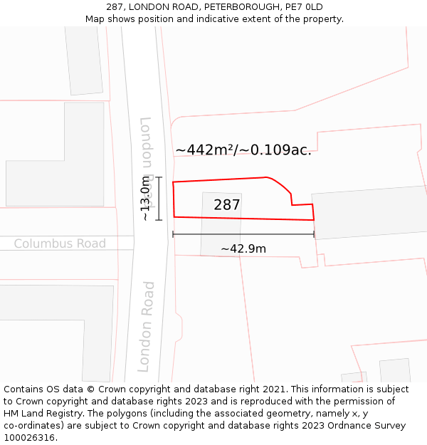 287, LONDON ROAD, PETERBOROUGH, PE7 0LD: Plot and title map