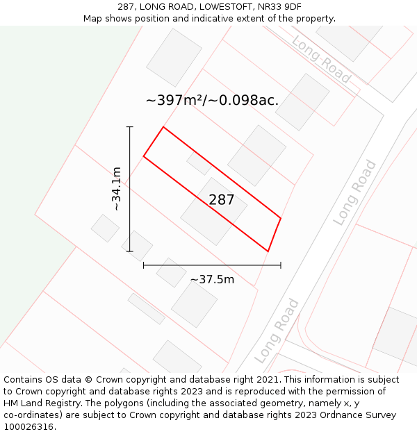 287, LONG ROAD, LOWESTOFT, NR33 9DF: Plot and title map