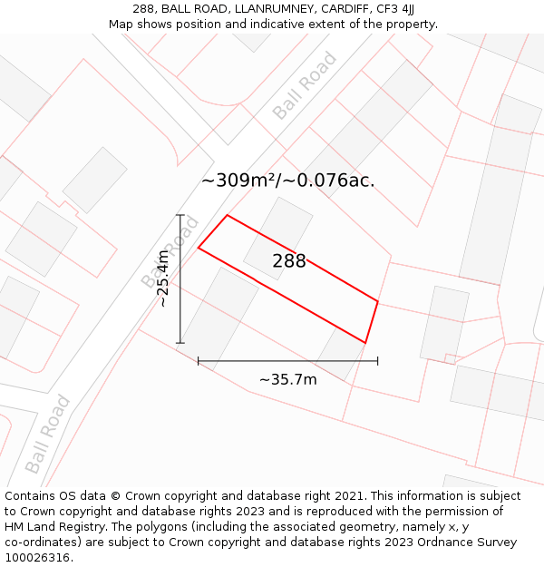 288, BALL ROAD, LLANRUMNEY, CARDIFF, CF3 4JJ: Plot and title map