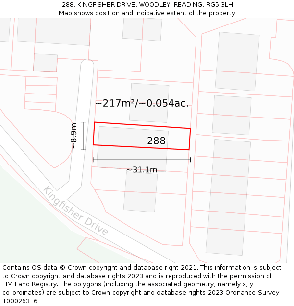 288, KINGFISHER DRIVE, WOODLEY, READING, RG5 3LH: Plot and title map