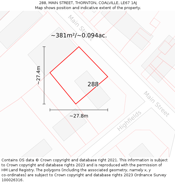 288, MAIN STREET, THORNTON, COALVILLE, LE67 1AJ: Plot and title map