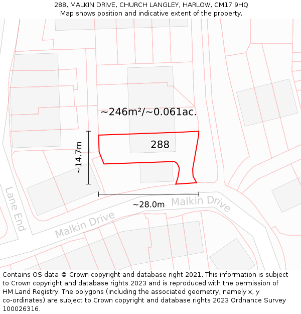 288, MALKIN DRIVE, CHURCH LANGLEY, HARLOW, CM17 9HQ: Plot and title map