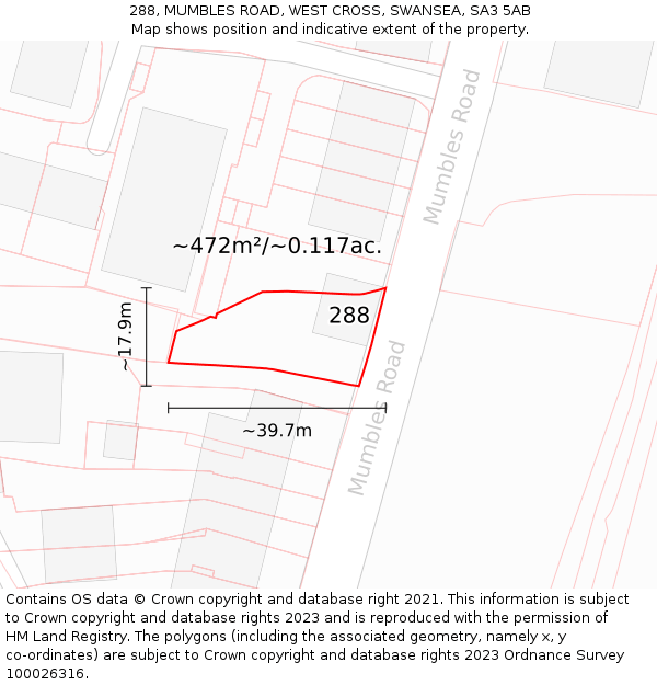 288, MUMBLES ROAD, WEST CROSS, SWANSEA, SA3 5AB: Plot and title map
