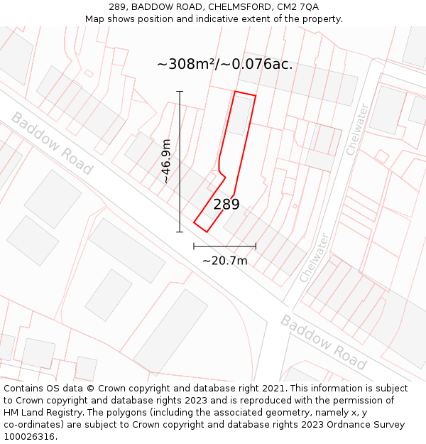 289, BADDOW ROAD, CHELMSFORD, CM2 7QA: Plot and title map