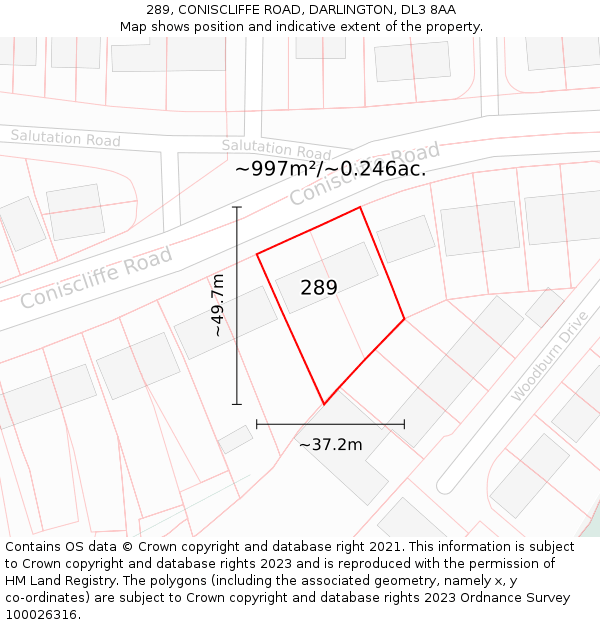 289, CONISCLIFFE ROAD, DARLINGTON, DL3 8AA: Plot and title map