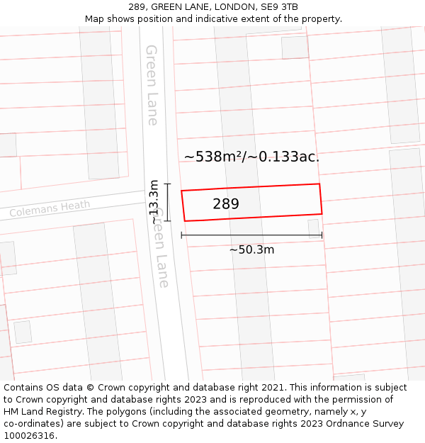 289, GREEN LANE, LONDON, SE9 3TB: Plot and title map