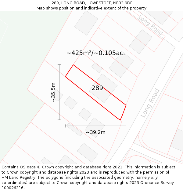 289, LONG ROAD, LOWESTOFT, NR33 9DF: Plot and title map