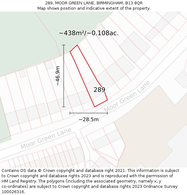 289, MOOR GREEN LANE, BIRMINGHAM, B13 8QR: Plot and title map