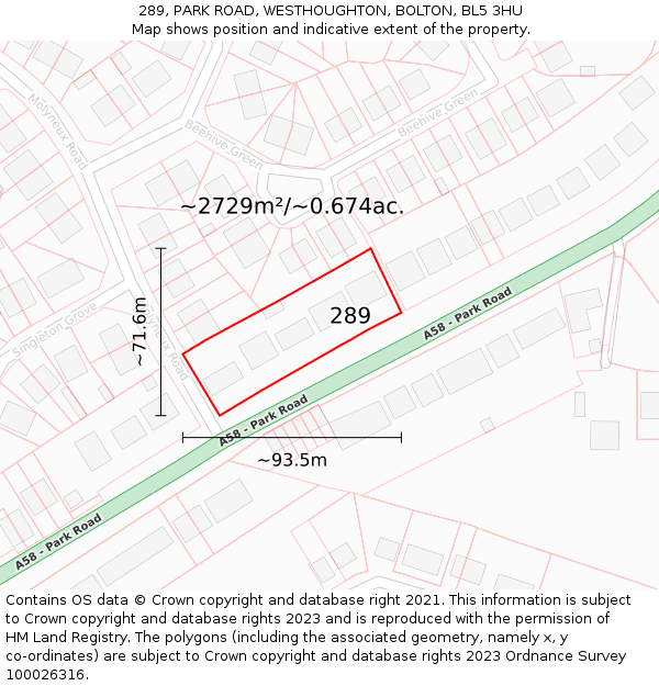 289, PARK ROAD, WESTHOUGHTON, BOLTON, BL5 3HU: Plot and title map