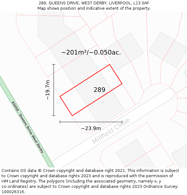 289, QUEENS DRIVE, WEST DERBY, LIVERPOOL, L13 0AF: Plot and title map