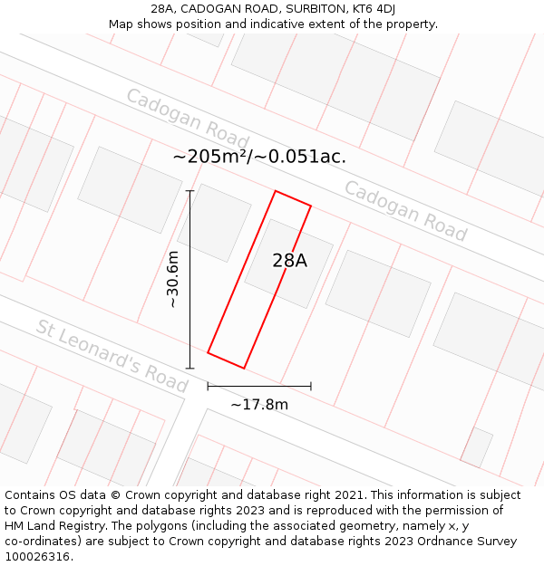 28A, CADOGAN ROAD, SURBITON, KT6 4DJ: Plot and title map