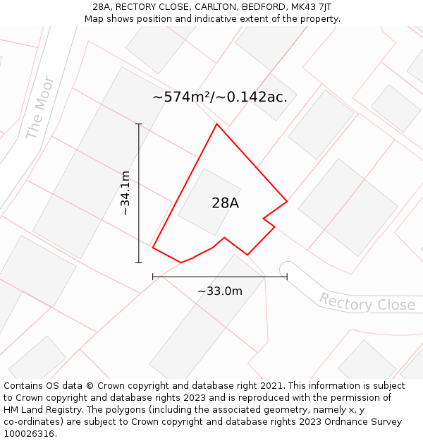 28A, RECTORY CLOSE, CARLTON, BEDFORD, MK43 7JT: Plot and title map