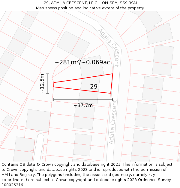 29, ADALIA CRESCENT, LEIGH-ON-SEA, SS9 3SN: Plot and title map