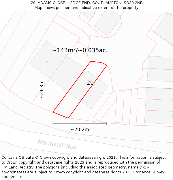 29, ADAMS CLOSE, HEDGE END, SOUTHAMPTON, SO30 2NB: Plot and title map