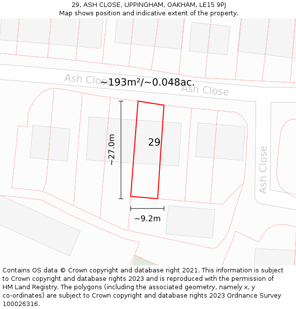 29, ASH CLOSE, UPPINGHAM, OAKHAM, LE15 9PJ: Plot and title map
