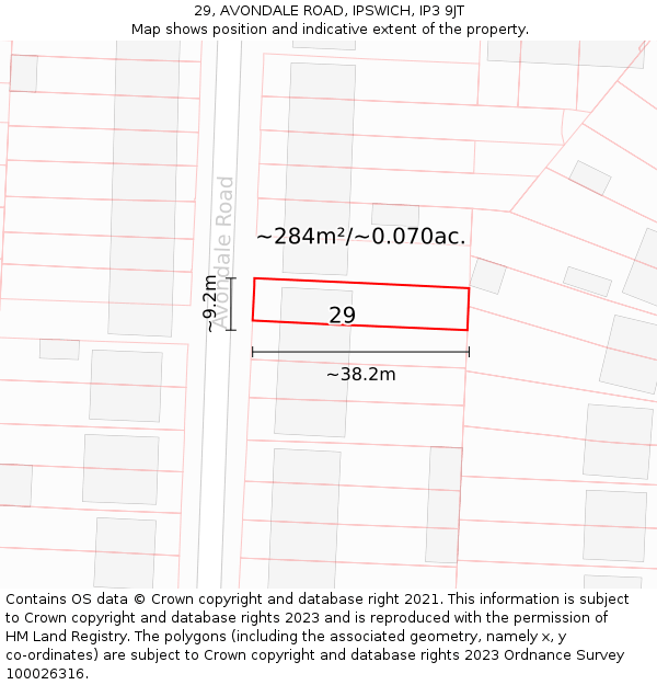 29, AVONDALE ROAD, IPSWICH, IP3 9JT: Plot and title map