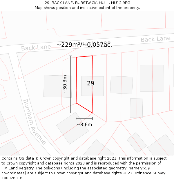 29, BACK LANE, BURSTWICK, HULL, HU12 9EG: Plot and title map