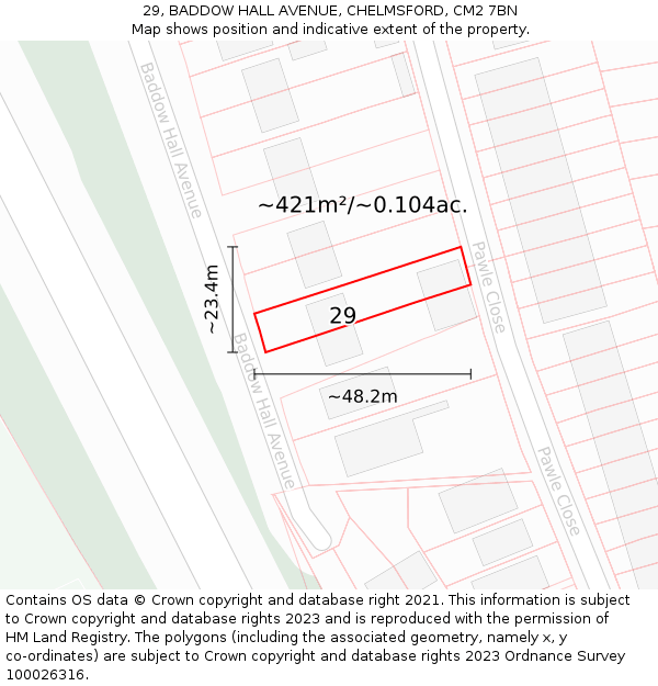 29, BADDOW HALL AVENUE, CHELMSFORD, CM2 7BN: Plot and title map