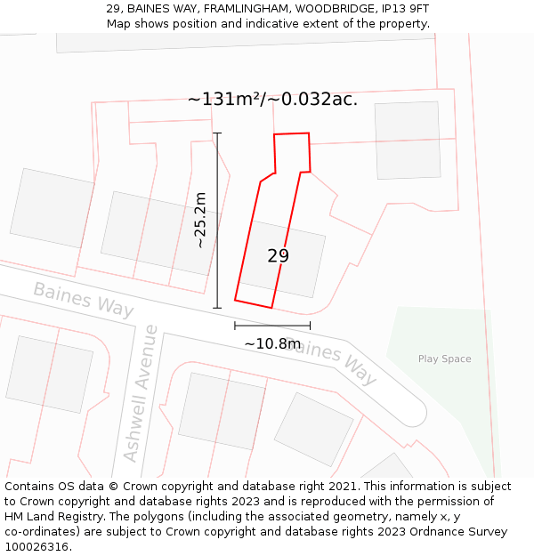 29, BAINES WAY, FRAMLINGHAM, WOODBRIDGE, IP13 9FT: Plot and title map