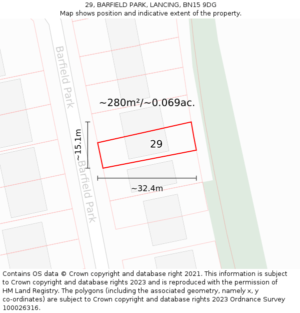 29, BARFIELD PARK, LANCING, BN15 9DG: Plot and title map