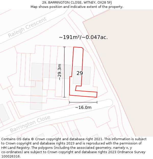 29, BARRINGTON CLOSE, WITNEY, OX28 5FJ: Plot and title map