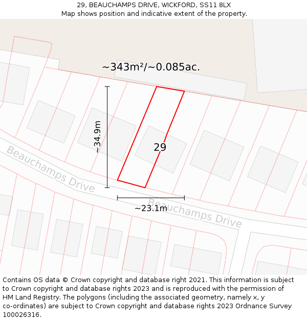 29, BEAUCHAMPS DRIVE, WICKFORD, SS11 8LX: Plot and title map