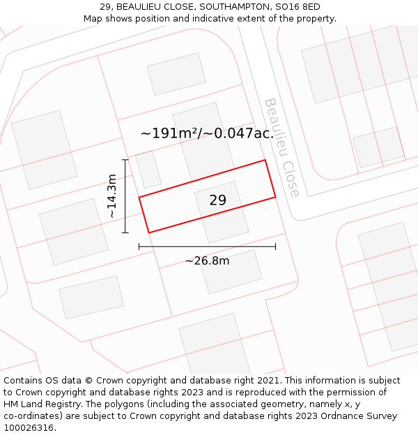 29, BEAULIEU CLOSE, SOUTHAMPTON, SO16 8ED: Plot and title map