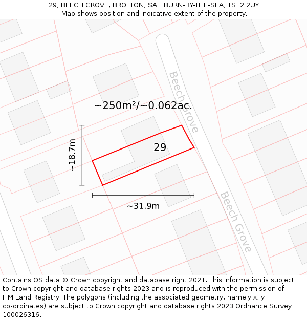 29, BEECH GROVE, BROTTON, SALTBURN-BY-THE-SEA, TS12 2UY: Plot and title map