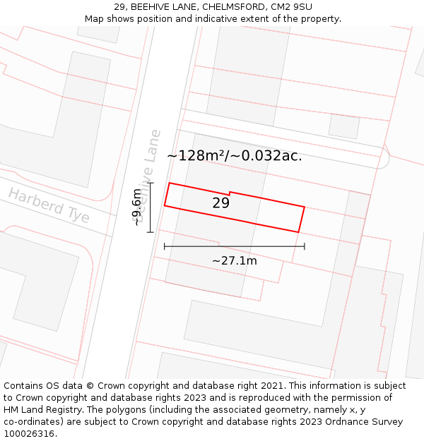 29, BEEHIVE LANE, CHELMSFORD, CM2 9SU: Plot and title map