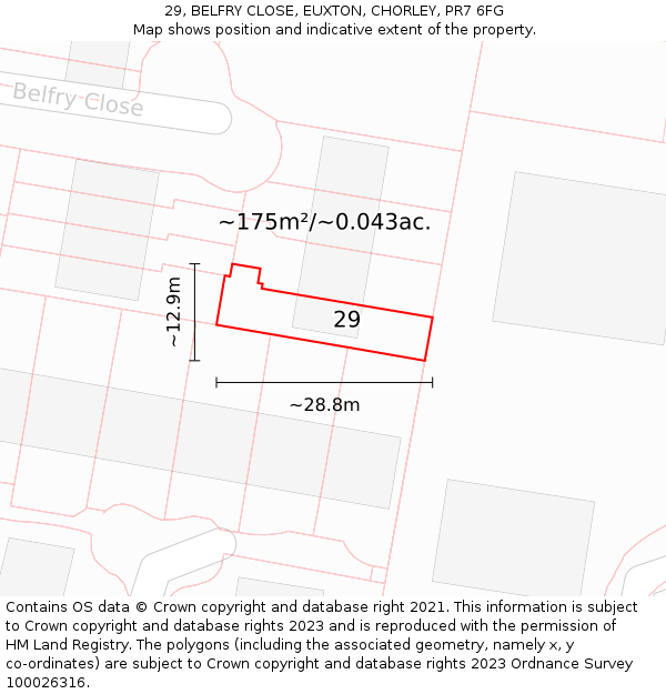 29, BELFRY CLOSE, EUXTON, CHORLEY, PR7 6FG: Plot and title map
