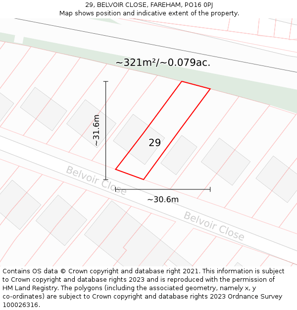 29, BELVOIR CLOSE, FAREHAM, PO16 0PJ: Plot and title map