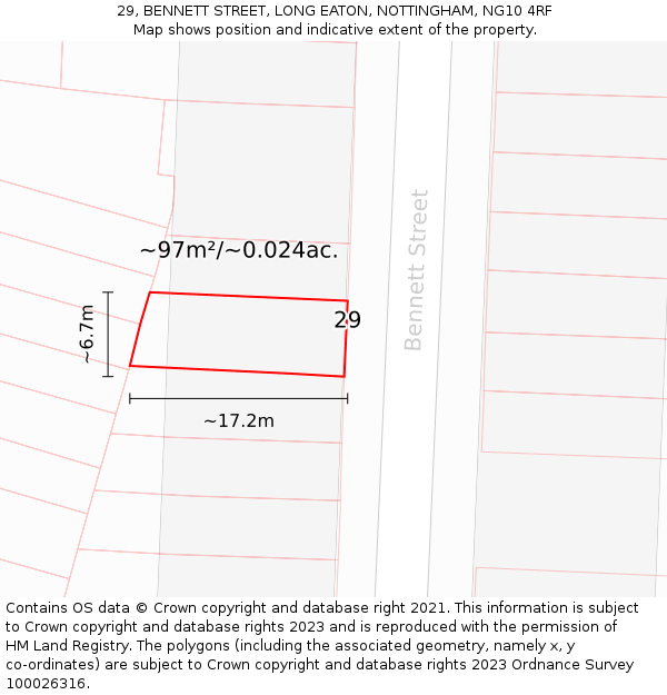 29, BENNETT STREET, LONG EATON, NOTTINGHAM, NG10 4RF: Plot and title map