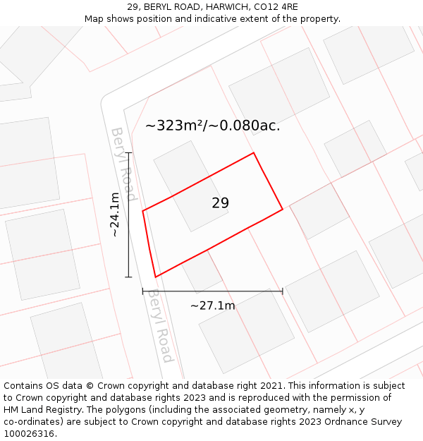 29, BERYL ROAD, HARWICH, CO12 4RE: Plot and title map