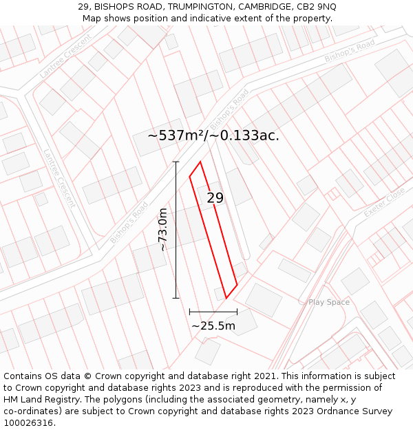 29, BISHOPS ROAD, TRUMPINGTON, CAMBRIDGE, CB2 9NQ: Plot and title map