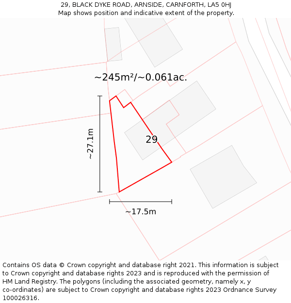 29, BLACK DYKE ROAD, ARNSIDE, CARNFORTH, LA5 0HJ: Plot and title map