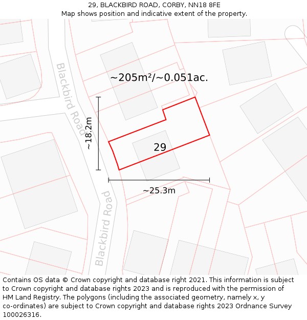 29, BLACKBIRD ROAD, CORBY, NN18 8FE: Plot and title map