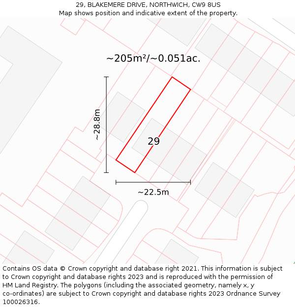 29, BLAKEMERE DRIVE, NORTHWICH, CW9 8US: Plot and title map