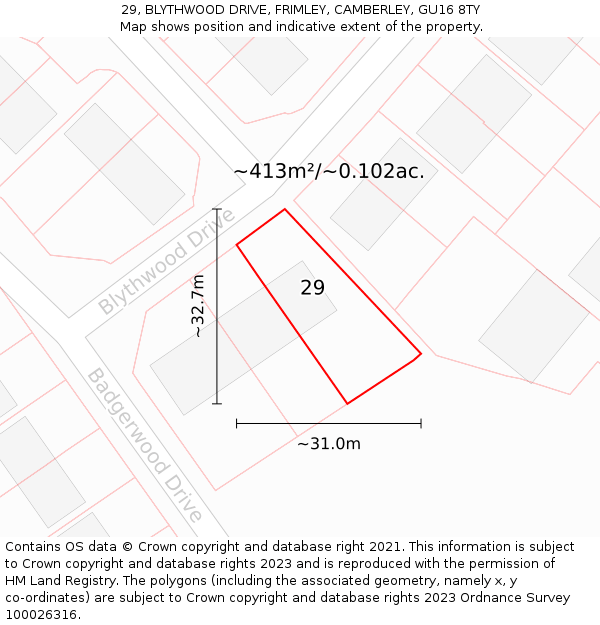 29, BLYTHWOOD DRIVE, FRIMLEY, CAMBERLEY, GU16 8TY: Plot and title map