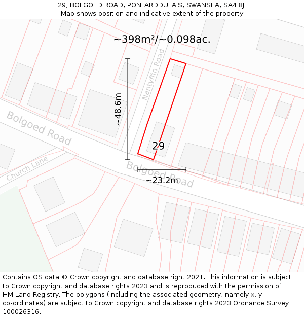 29, BOLGOED ROAD, PONTARDDULAIS, SWANSEA, SA4 8JF: Plot and title map