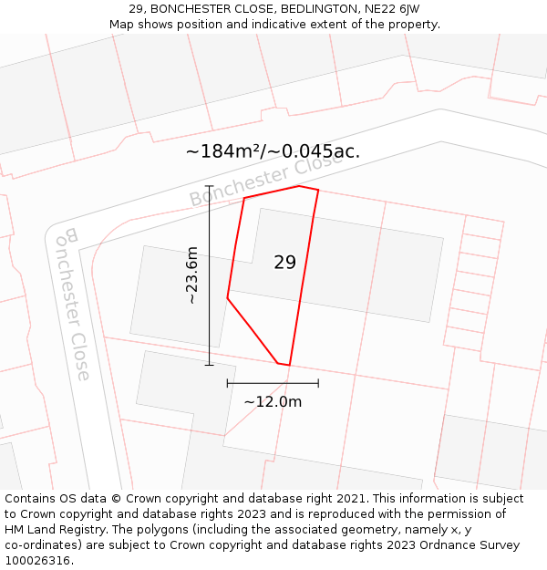29, BONCHESTER CLOSE, BEDLINGTON, NE22 6JW: Plot and title map
