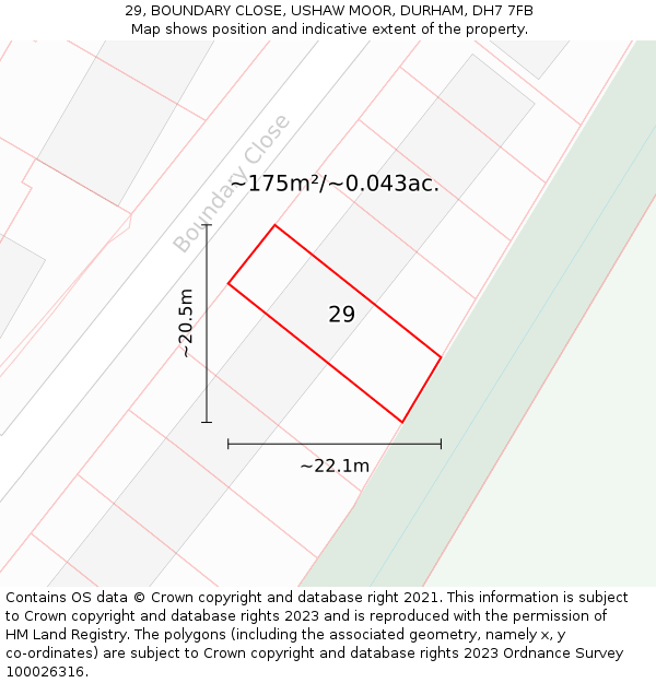 29, BOUNDARY CLOSE, USHAW MOOR, DURHAM, DH7 7FB: Plot and title map
