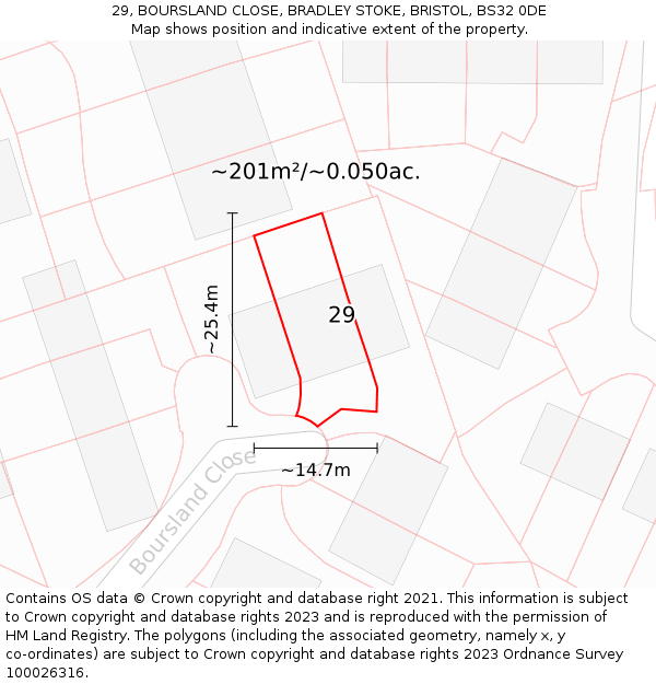 29, BOURSLAND CLOSE, BRADLEY STOKE, BRISTOL, BS32 0DE: Plot and title map