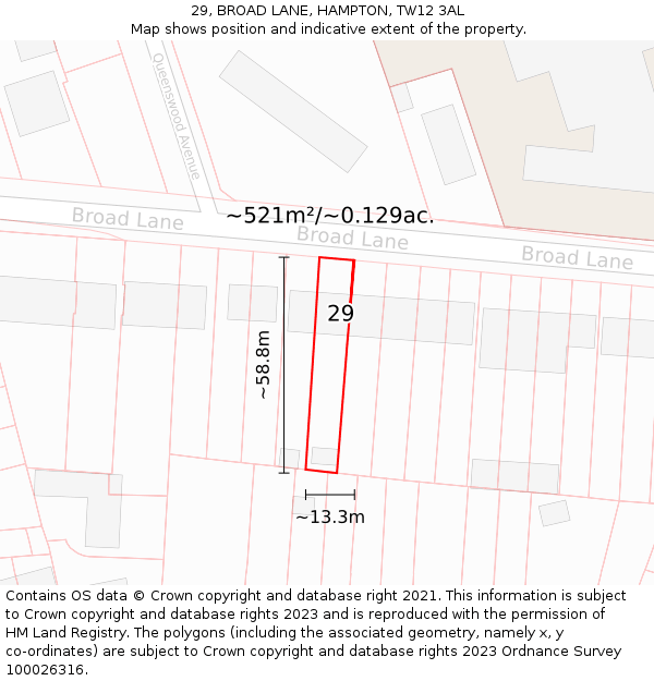 29, BROAD LANE, HAMPTON, TW12 3AL: Plot and title map