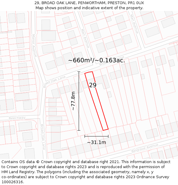 29, BROAD OAK LANE, PENWORTHAM, PRESTON, PR1 0UX: Plot and title map