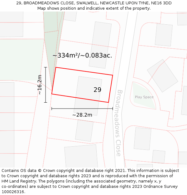 29, BROADMEADOWS CLOSE, SWALWELL, NEWCASTLE UPON TYNE, NE16 3DD: Plot and title map