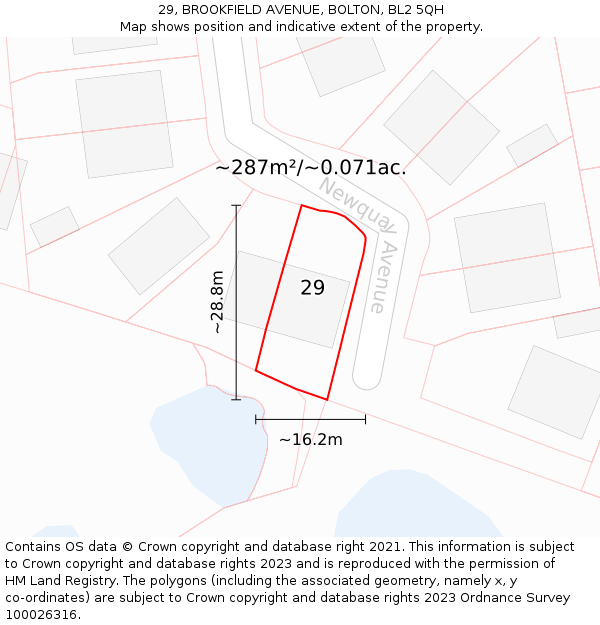 29, BROOKFIELD AVENUE, BOLTON, BL2 5QH: Plot and title map