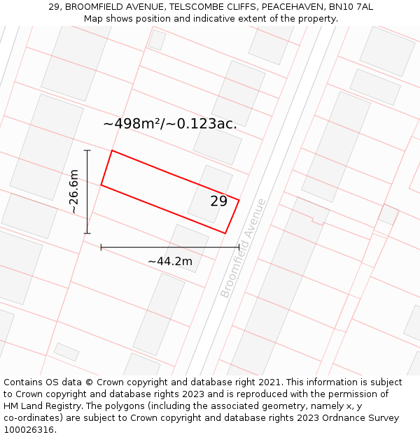 29, BROOMFIELD AVENUE, TELSCOMBE CLIFFS, PEACEHAVEN, BN10 7AL: Plot and title map