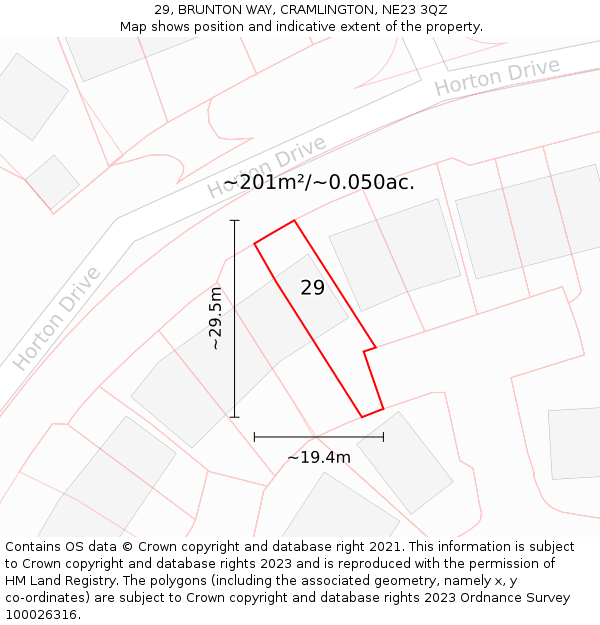 29, BRUNTON WAY, CRAMLINGTON, NE23 3QZ: Plot and title map