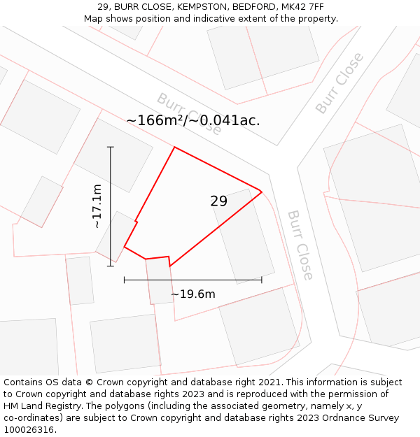 29, BURR CLOSE, KEMPSTON, BEDFORD, MK42 7FF: Plot and title map